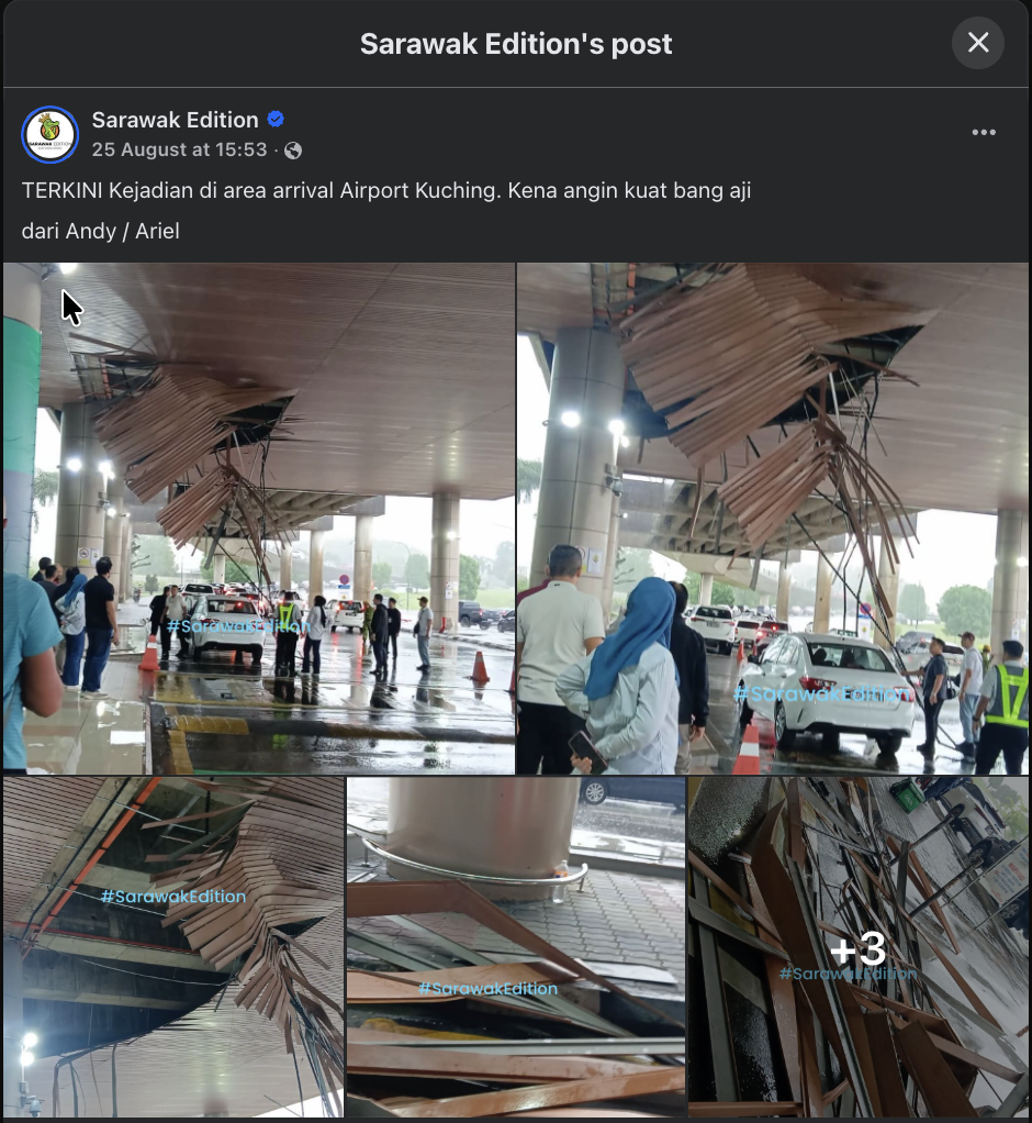 Part of the external ceiling structure at Kuching International Airport’s pick-up and drop-off area damaged during severe weather.