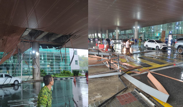 Part of the external ceiling structure at Kuching International Airport’s pick-up and drop-off area damaged during severe weather.