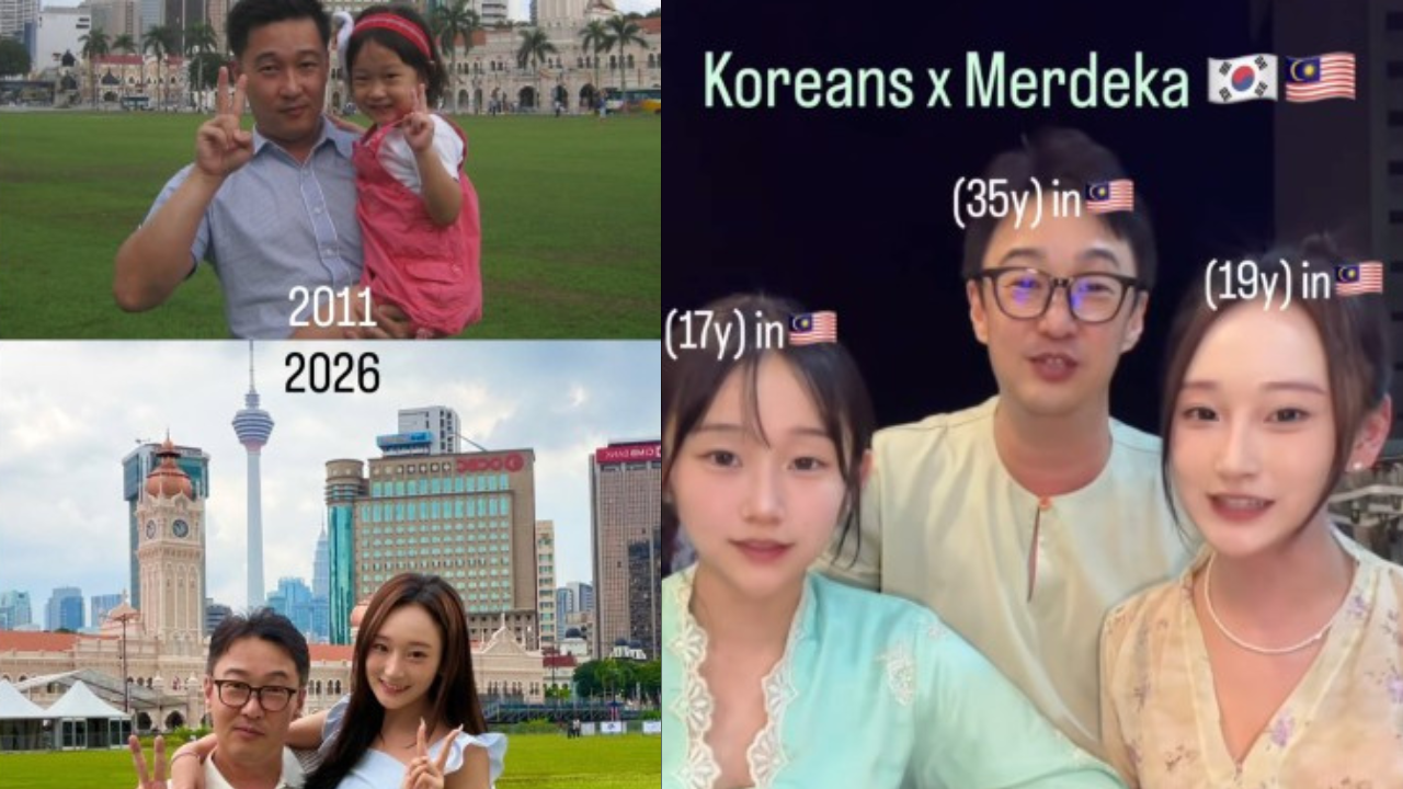 Korean father and his two daughters wearing traditional Malay attire while singing a Merdeka song with a guitar.