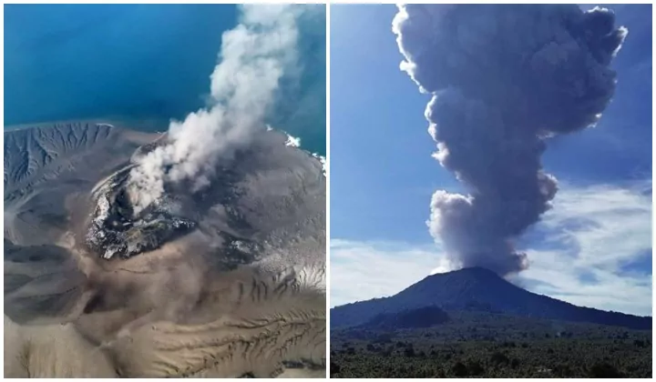 Ash rising from an active volcano in Indonesia as six volcanoes erupted across the country on 31 August 2026.