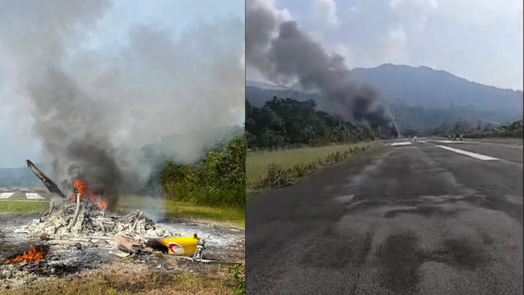 A helicopter reportedly crashed and caught fire at Long Lellang Airport as rescue teams responded to the scene.