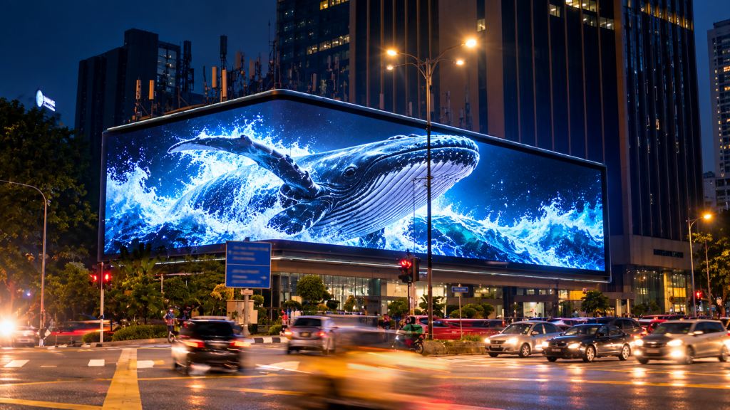 3D Anamorphic Screen at KLCC Junction in Kuala Lumpur showcasing a high-impact digital out-of-home (DOOH) billboard with immersive 3D whale visuals at a busy city intersection.