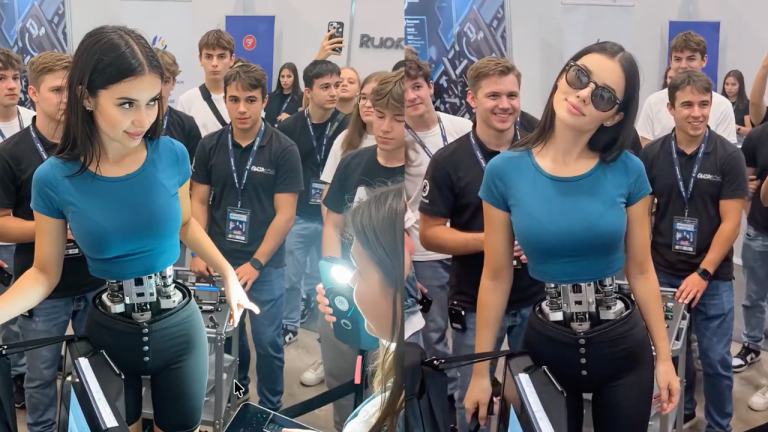 A Guy casually handed a pair of sunglasses to the robot lady, Unexpectedly, the robot actually took the sunglasses, smoothly slipped them onto its face.
