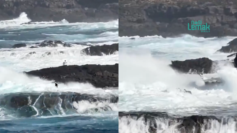 “Fisherman narrowly escapes a massive wave crashing over a rocky volcanic coast”